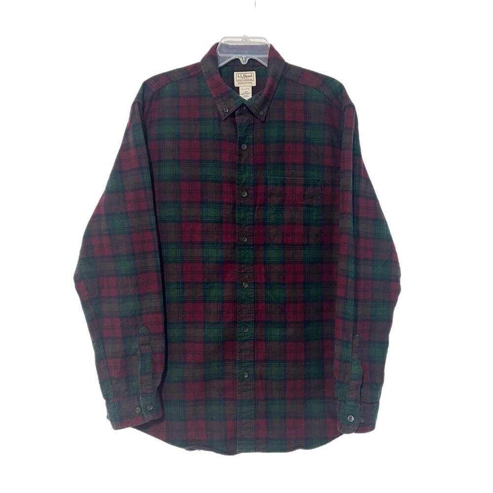 LL Bean Scotch Plaid Flannel Shirt Mens Slightly Fitted L Green Burgundy Classic